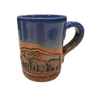 Cold Mountain Pottery Elk - Moose - Buffalo - Bear Blue Coffee Mug  Etched 2016